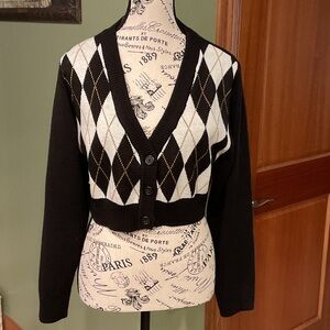 H&M Black and White Argyle Cardigan Sweater, Size S